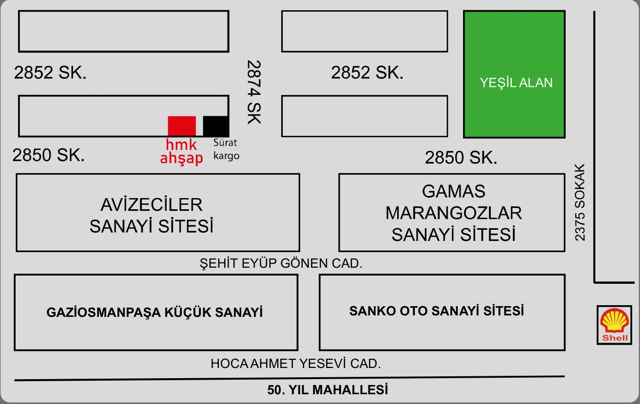 HMK Ahşap atölyesinin konum krokisi: 2850. Sokak, Avizeciler Sanayi Sitesi yanı